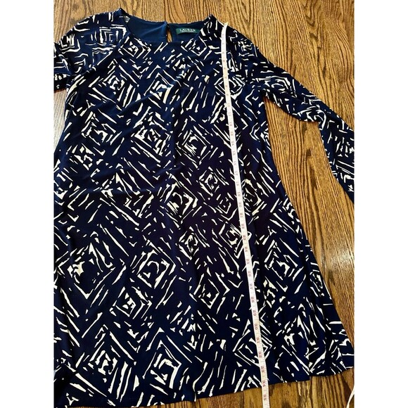 LAUREN RALPH LAUREN Navy Blue White Geometric Size 12 Long‎ Sleeved Lined Dress - Picture 6 of 9
